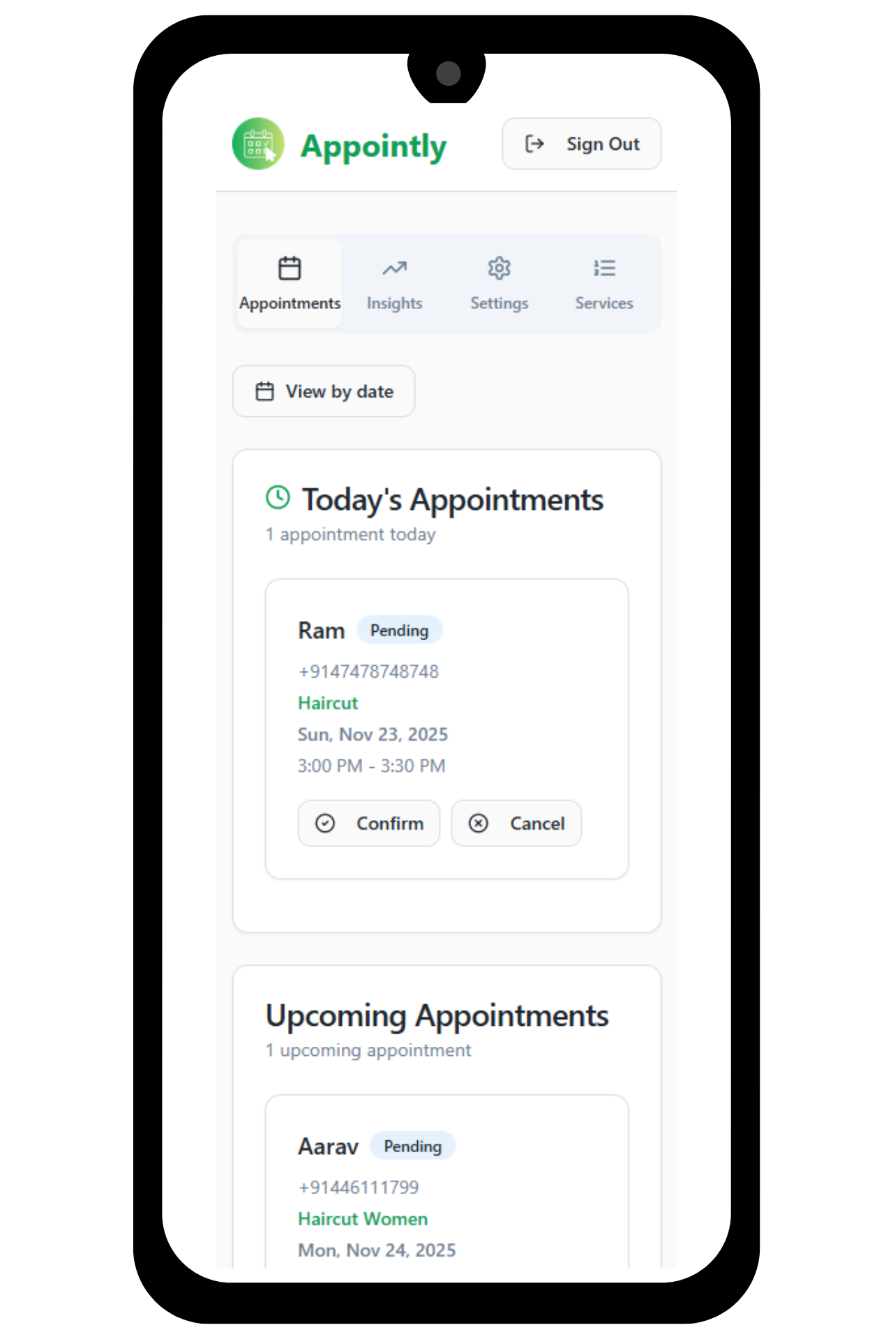 Appointly dashboard showing today's appointments with customer names, services, and time slots
