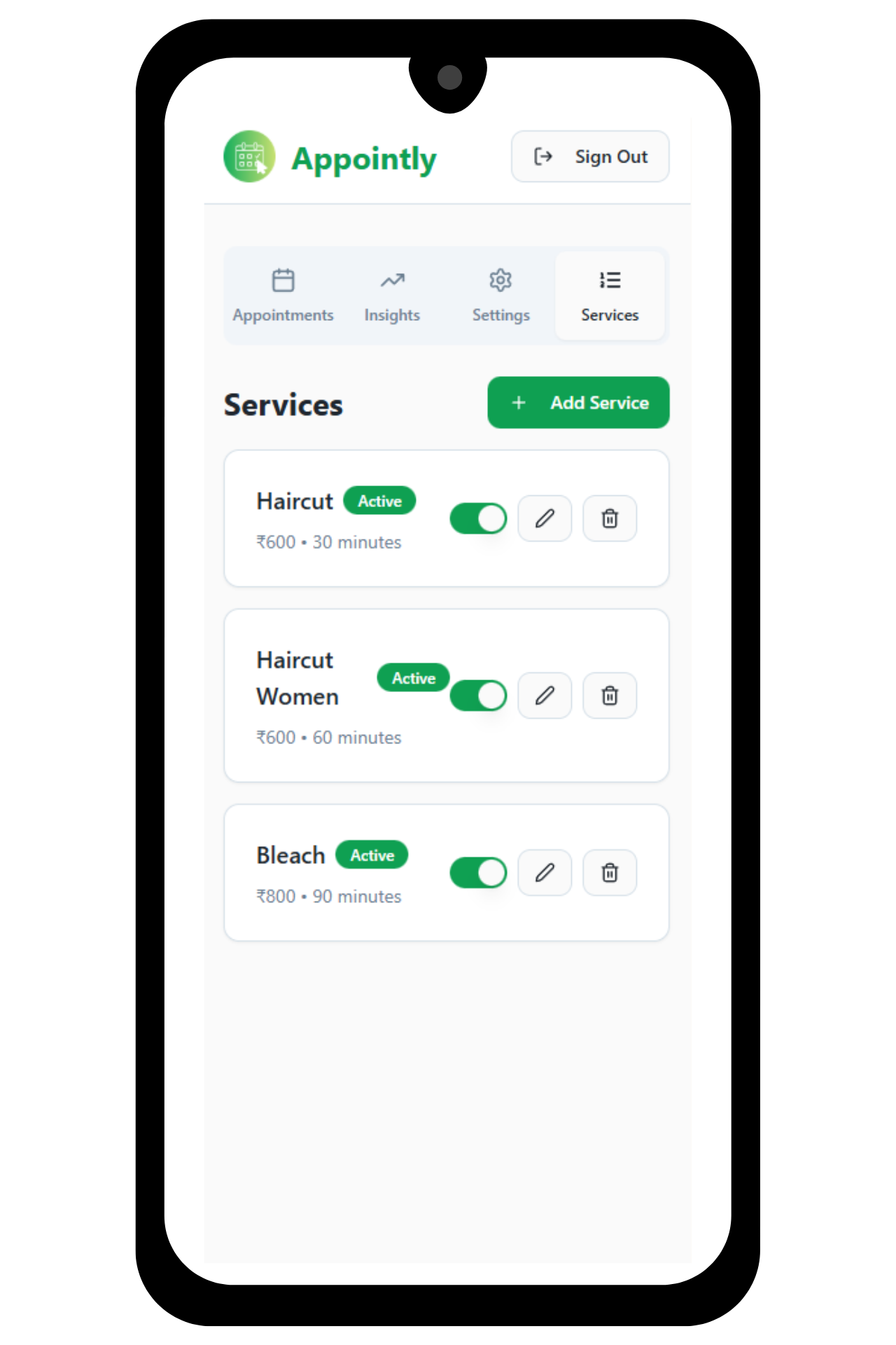 Appointly services management screen showing service list with prices and duration settings