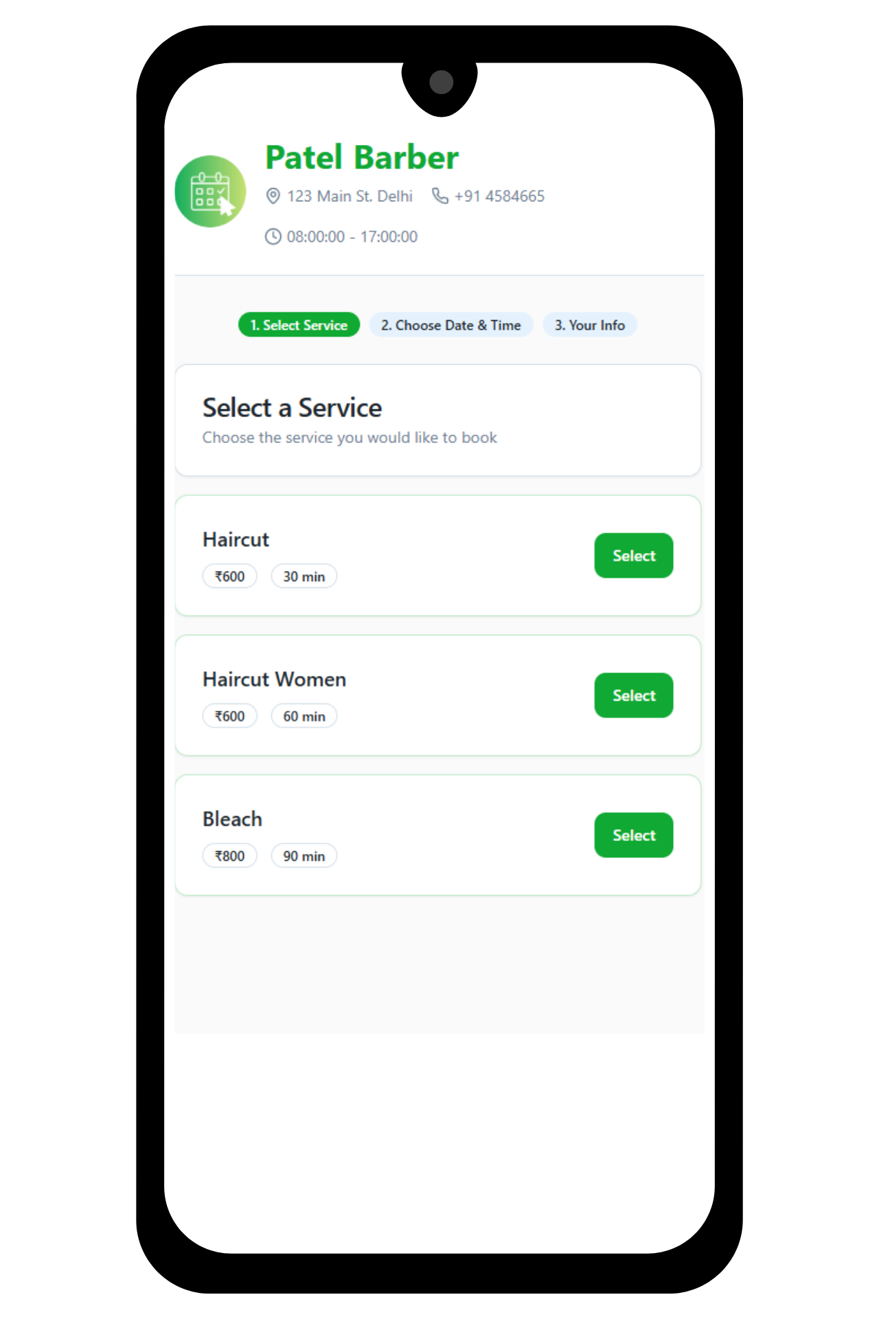 Customer booking interface showing available time slots and service selection for easy appointment scheduling
